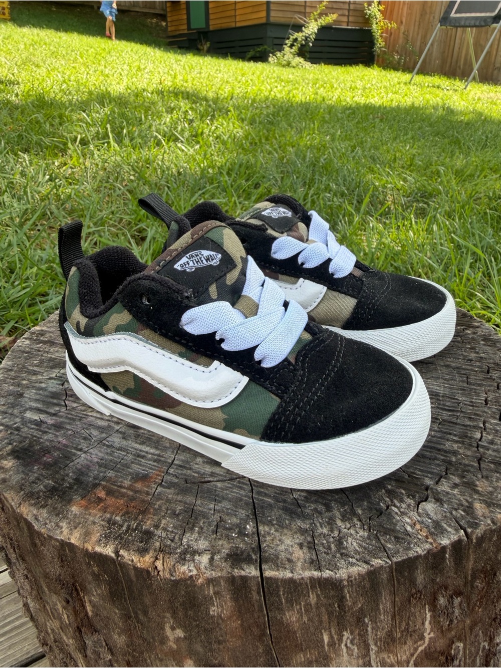 Vans Kids Camo and Black Low-Top Sneakers with White Stripe